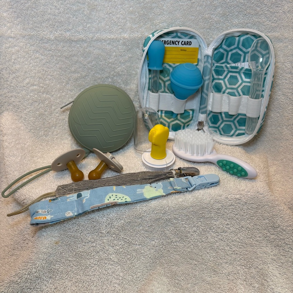 Bundle of Baby Accessories Toothbrush, Hairbrush, Pacifier Holder, Med Dispenser